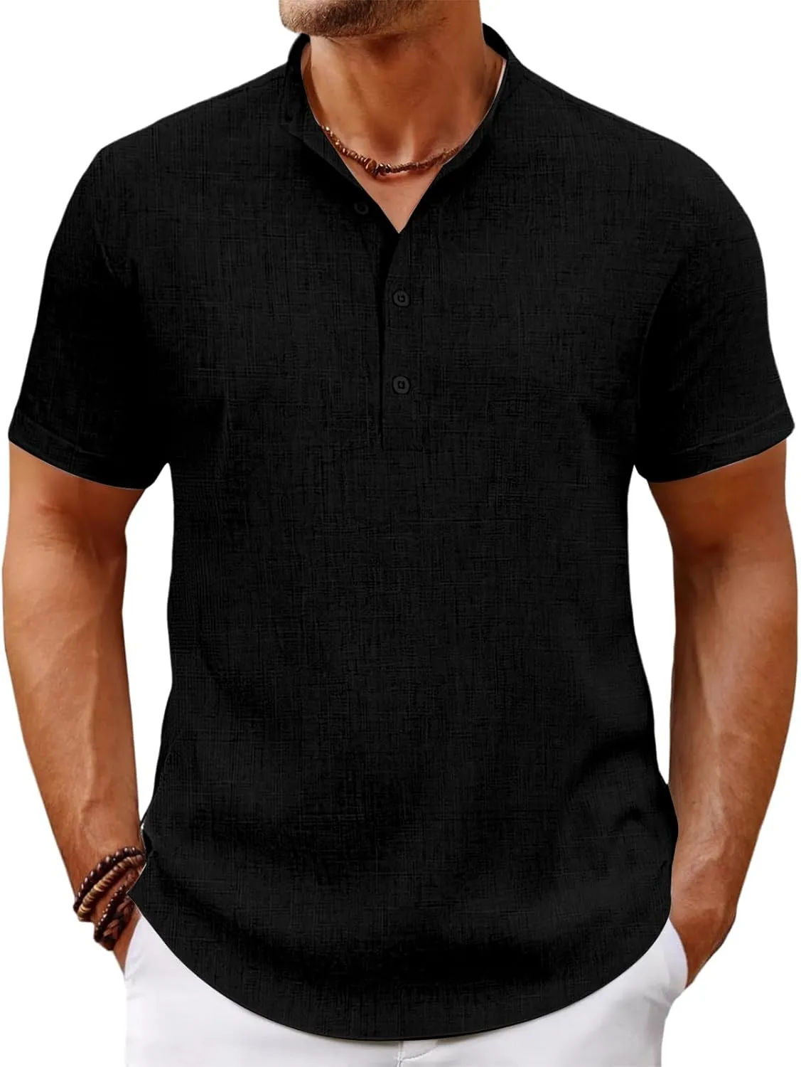 Men's Lightweight Linen Shirts Casual Short Sleeve Breathable Button Henley T-Shirt Summer Beach Hawaiian Shirt for Men
