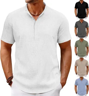 Men's Lightweight Linen Shirts Casual Short Sleeve Breathable Button Henley T-Shirt Summer Beach Hawaiian Shirt for Men
