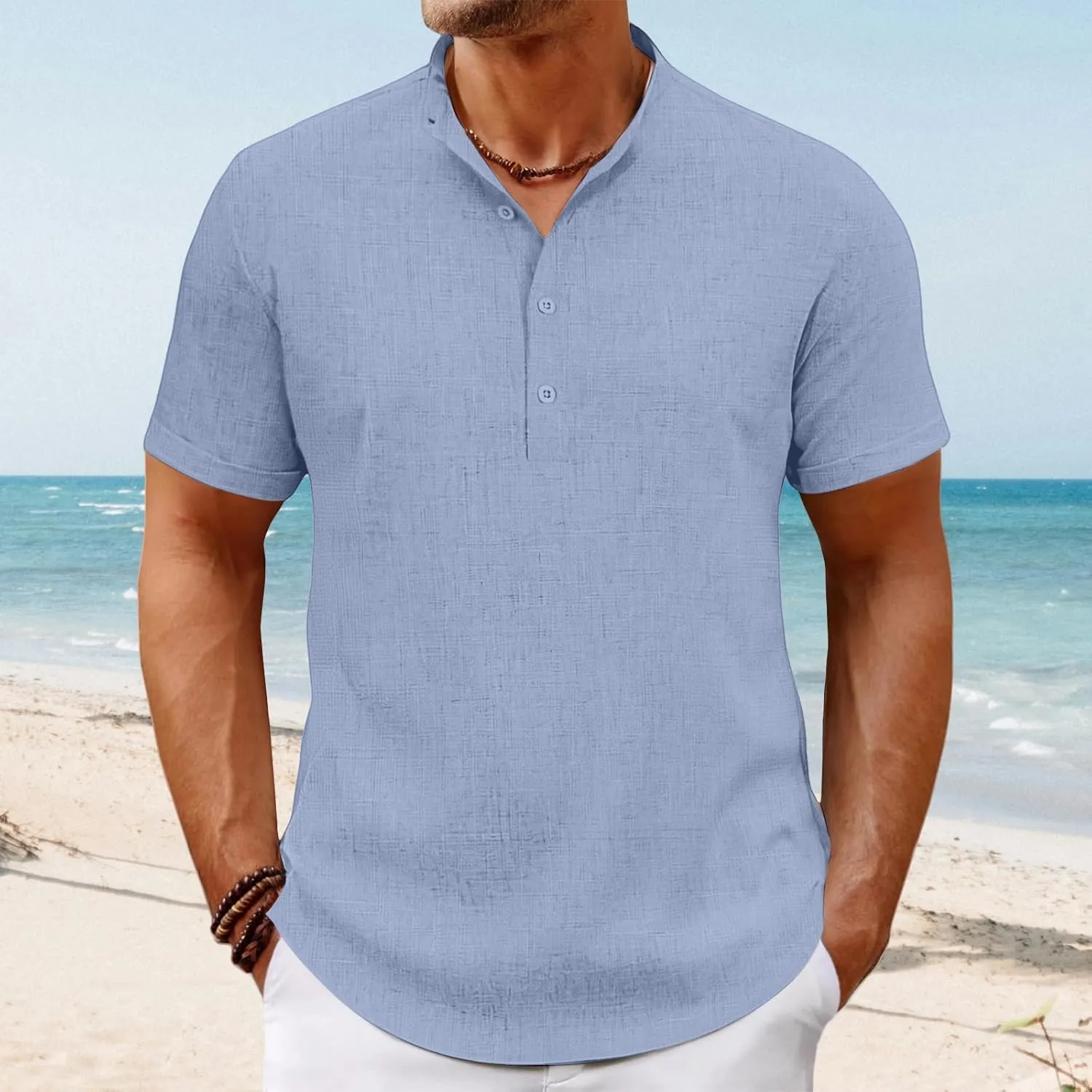 Men's Lightweight Linen Shirts Casual Short Sleeve Breathable Button Henley T-Shirt Summer Beach Hawaiian Shirt for Men
