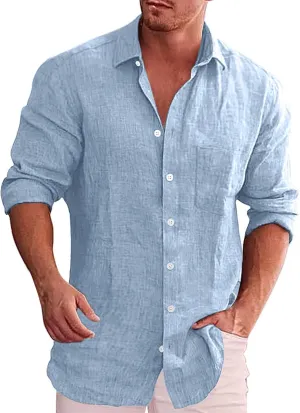 Men's Linen Button Down Shirt Long Sleeve Loose Fit Solid Color Summer Beach Casual Top Pocket Smart Office Work Dress Shirt