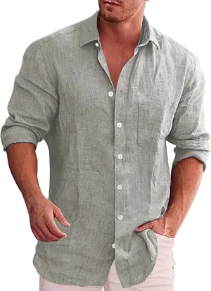 Men's Linen Button Down Shirt Long Sleeve Loose Fit Solid Color Summer Beach Casual Top Pocket Smart Office Work Dress Shirt