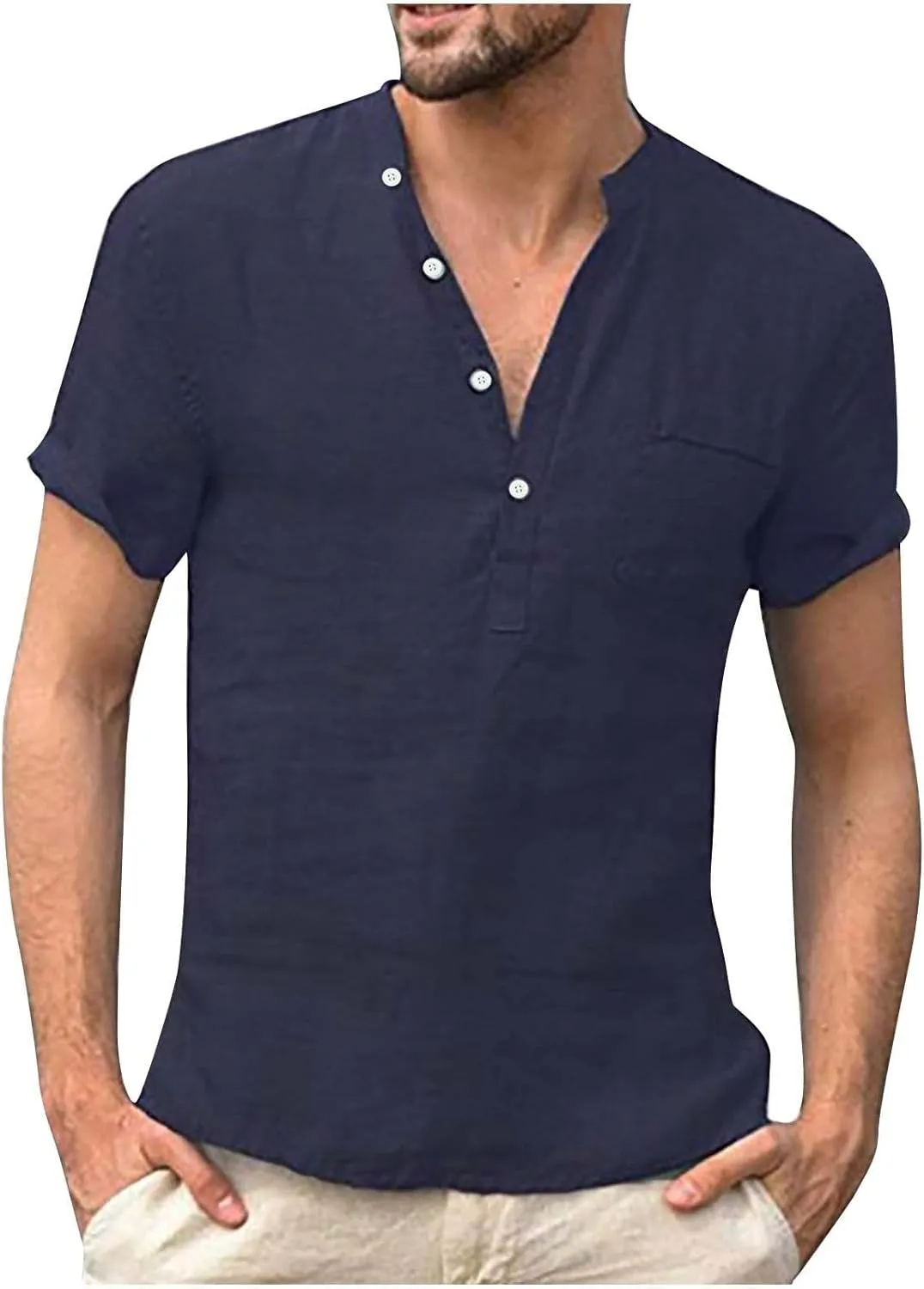 Men's Linen Henley Shirt Short Sleeve Casual Loose Fit Button Up T-Shirt Summer Beach Tees Tops