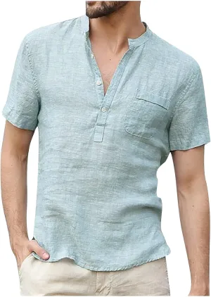 Men's Linen Henley Shirt Short Sleeve Casual Loose Fit Button Up T-Shirt Summer Beach Tees Tops