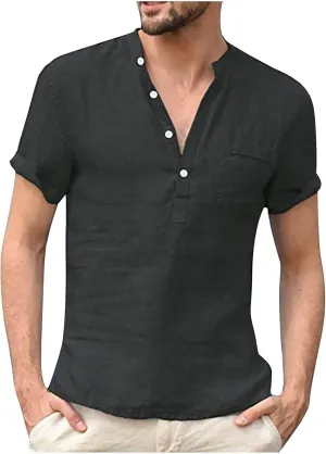 Men's Linen Henley Shirt Short Sleeve Casual Loose Fit Button Up T-Shirt Summer Beach Tees Tops