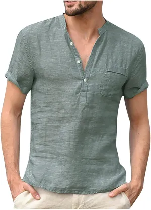 Men's Linen Henley Shirt Short Sleeve Casual Loose Fit Button Up T-Shirt Summer Beach Tees Tops