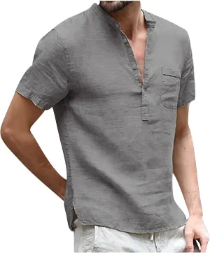 Men's Linen Henley Shirt Short Sleeve Casual Loose Fit Button Up T-Shirt Summer Beach Tees Tops