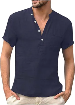 Men's Linen Henley Shirt Short Sleeve Casual Loose Fit Button Up T-Shirt Summer Beach Tees Tops