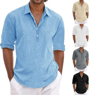 Men's Linen Shirt Long Sleeve Button Down Shirt Casual Cotton Linen Hawaiian T-Shirt for Men Solid Color Lapel Tops