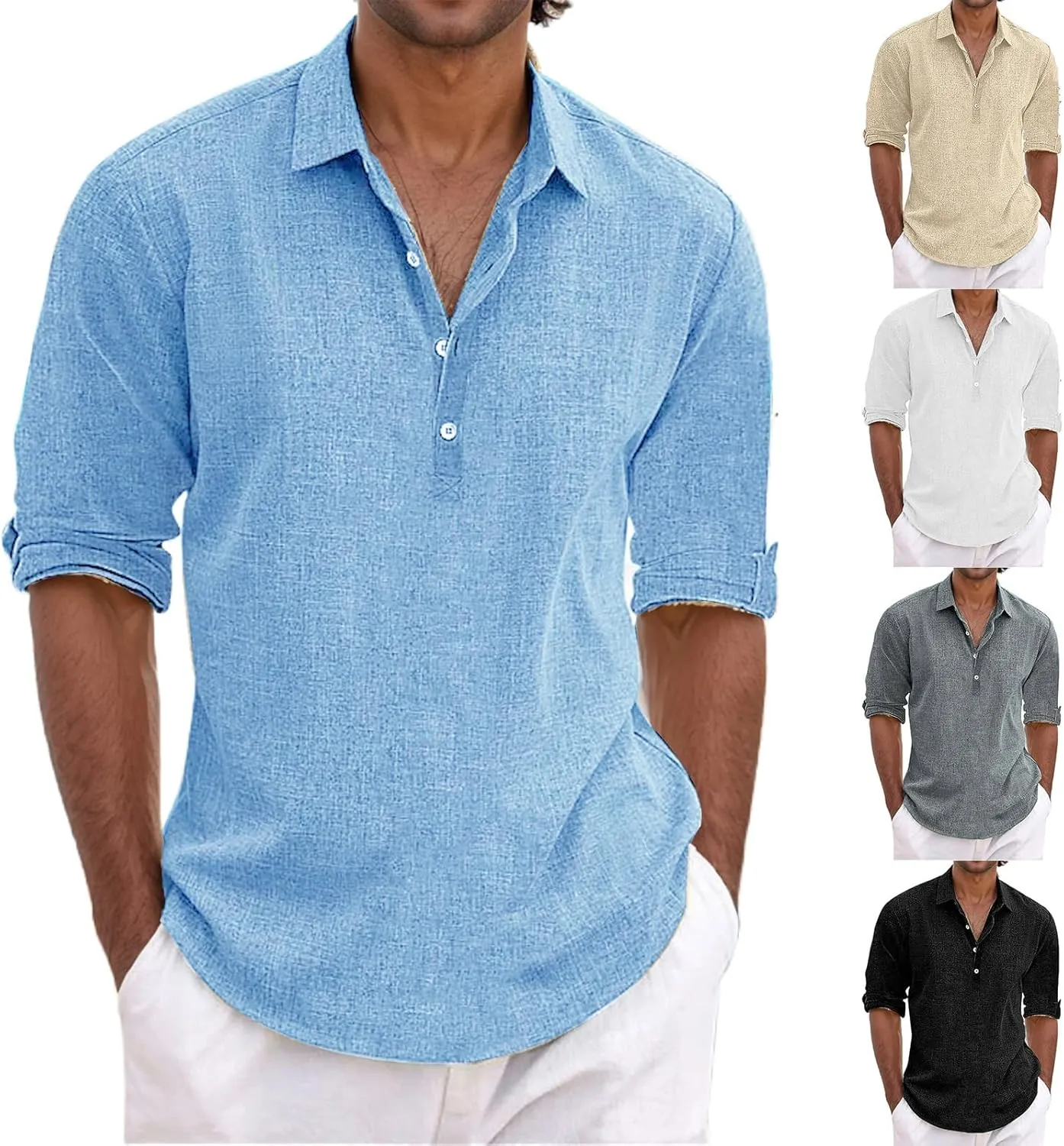 Men's Linen Shirt Long Sleeve Button Down Shirt Casual Cotton Linen Hawaiian T-Shirt for Men Solid Color Lapel Tops