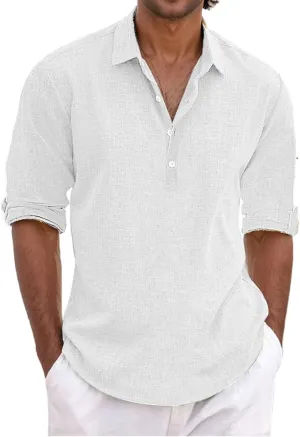 Men's Linen Shirt Long Sleeve Button Down Shirt Casual Cotton Linen Hawaiian T-Shirt for Men Solid Color Lapel Tops