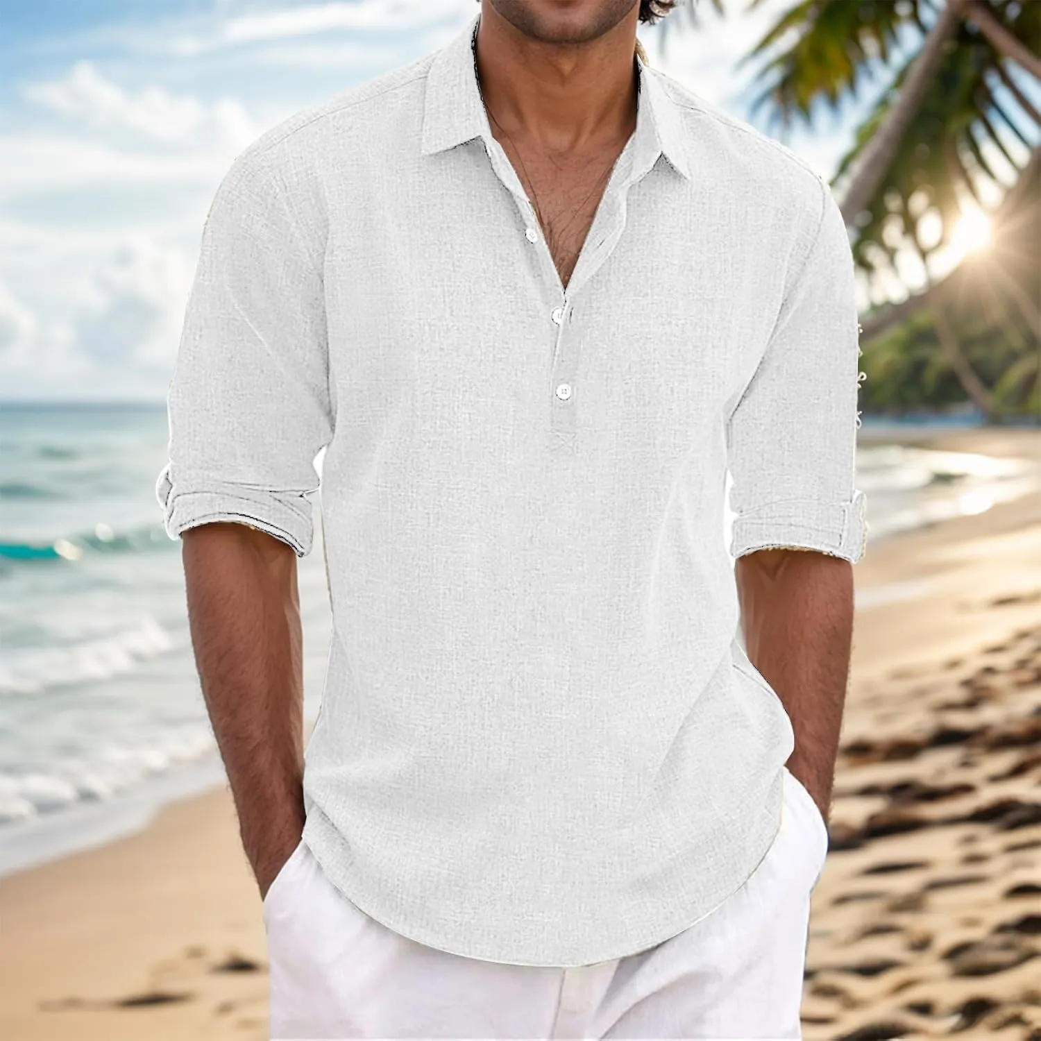 Men's Linen Shirt Long Sleeve Button Down Shirt Casual Cotton Linen Hawaiian T-Shirt for Men Solid Color Lapel Tops