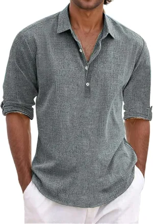Men's Linen Shirt Long Sleeve Button Down Shirt Casual Cotton Linen Hawaiian T-Shirt for Men Solid Color Lapel Tops