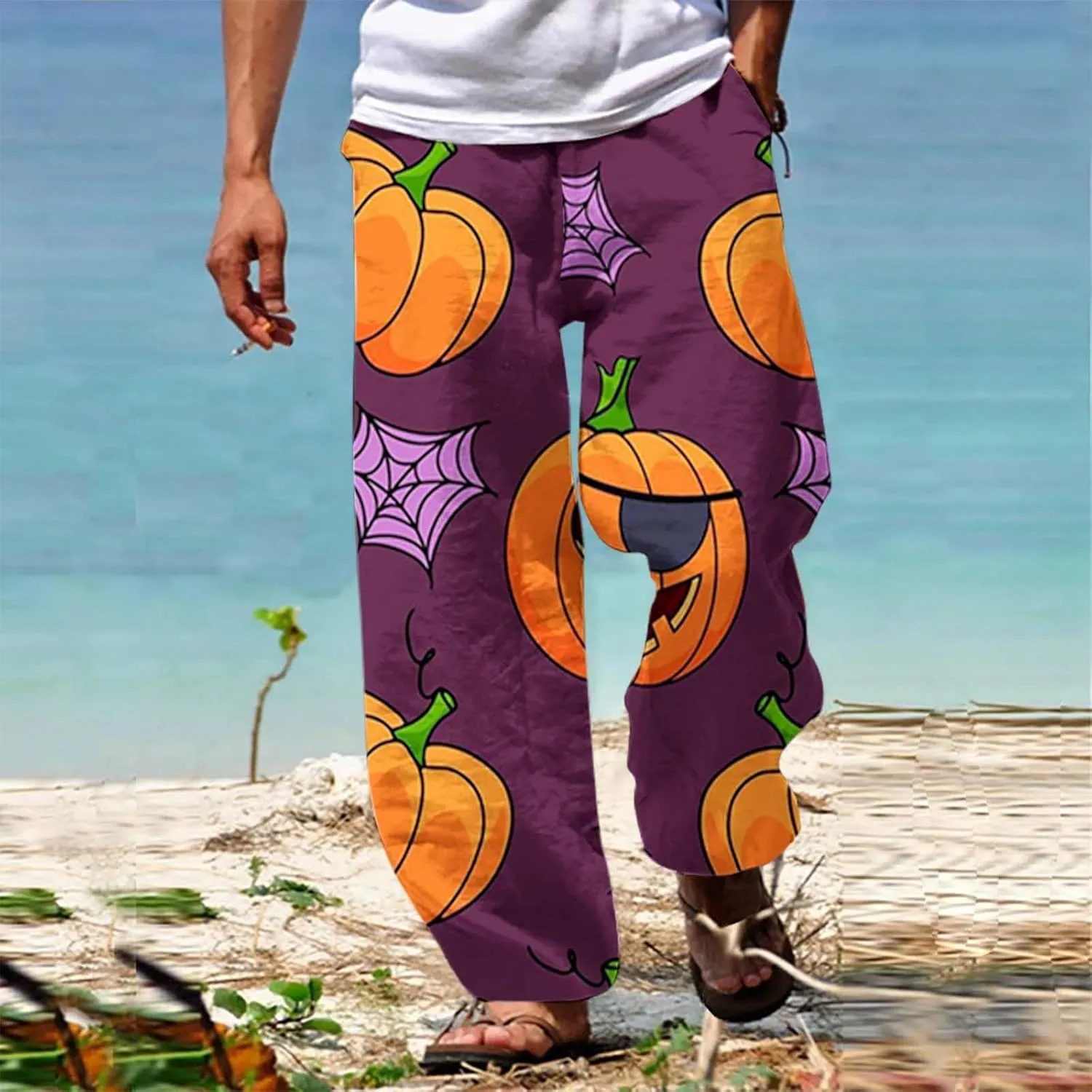 Men's Linen Solid Color Casual Drawstring Pocket Pants Lightweight Elastic Waist