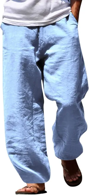 Men's Linen Solid Color Casual Drawstring Pocket Pants Lightweight Elastic Waist