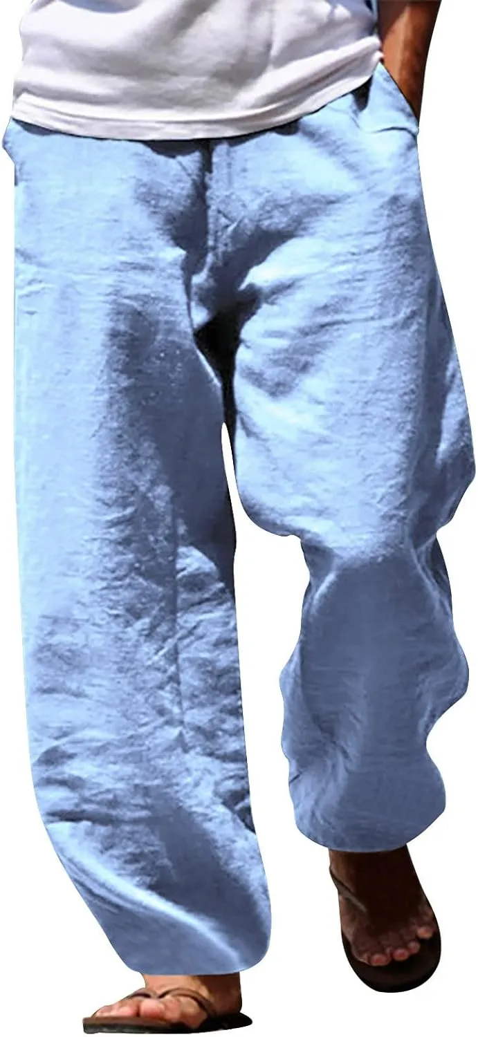 Men's Linen Solid Color Casual Drawstring Pocket Pants Lightweight Elastic Waist
