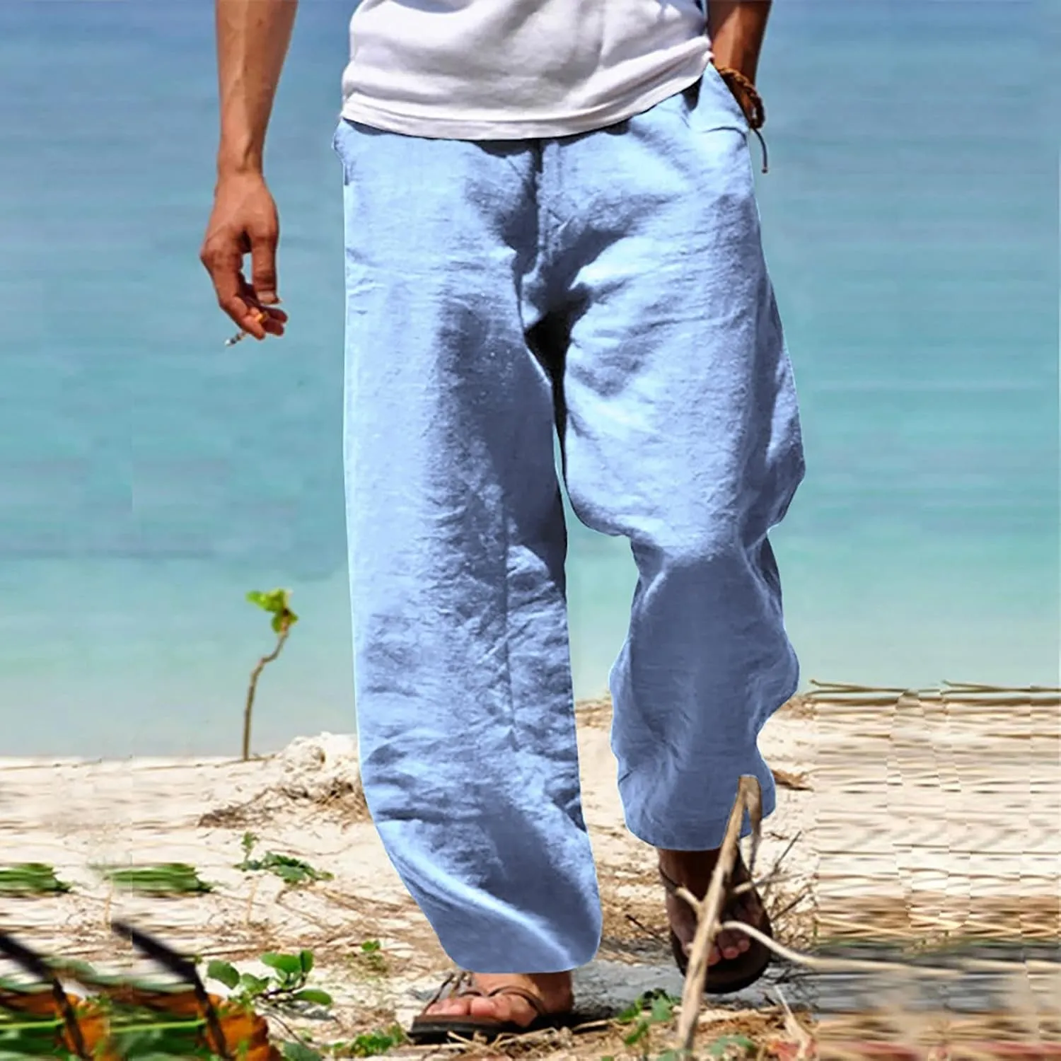 Men's Linen Solid Color Casual Drawstring Pocket Pants Lightweight Elastic Waist