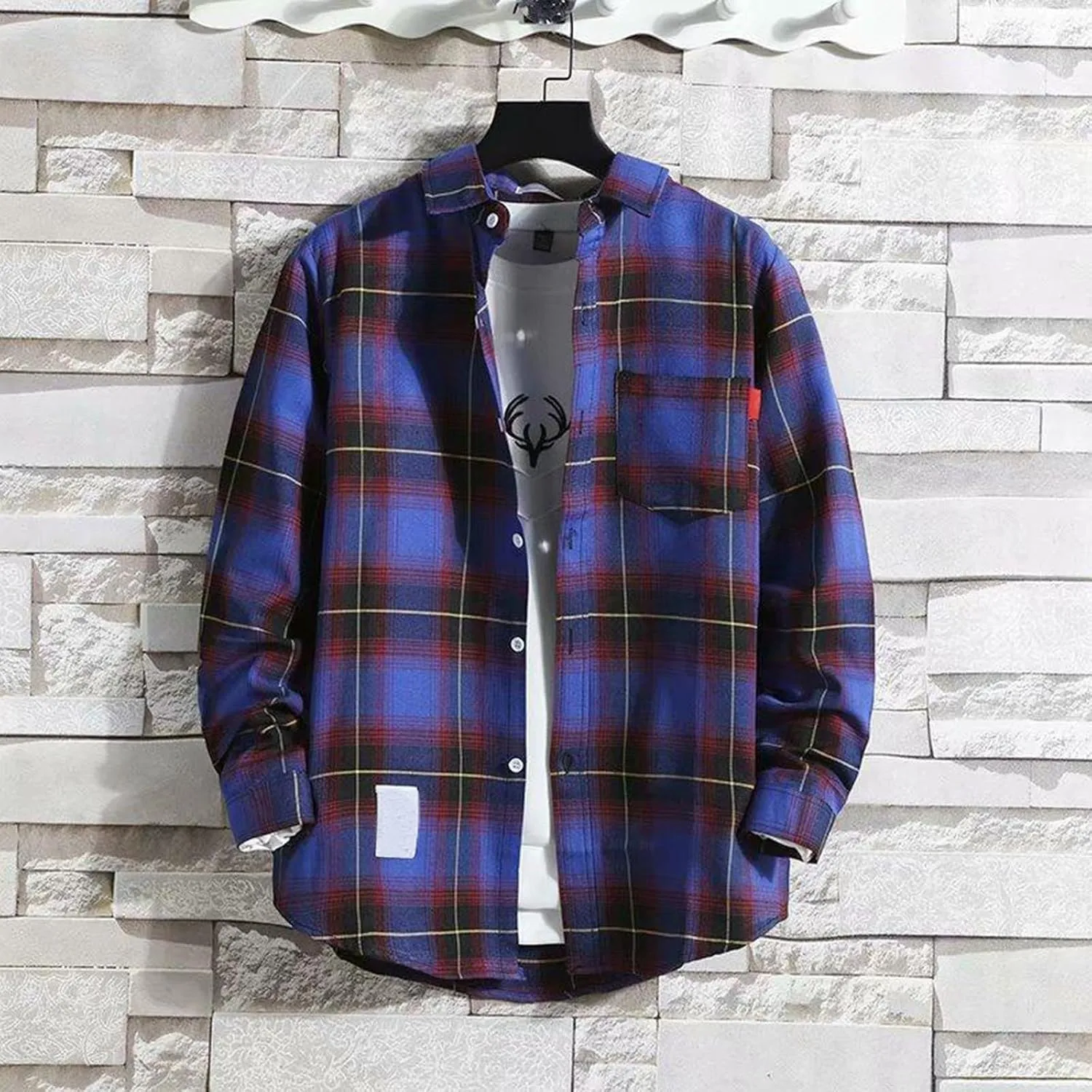 Mens Long Sleeve Button Down Shirts Western Shirts Tall Plaid T-Shirts Fall Jackets Casual Stylish with Pockets