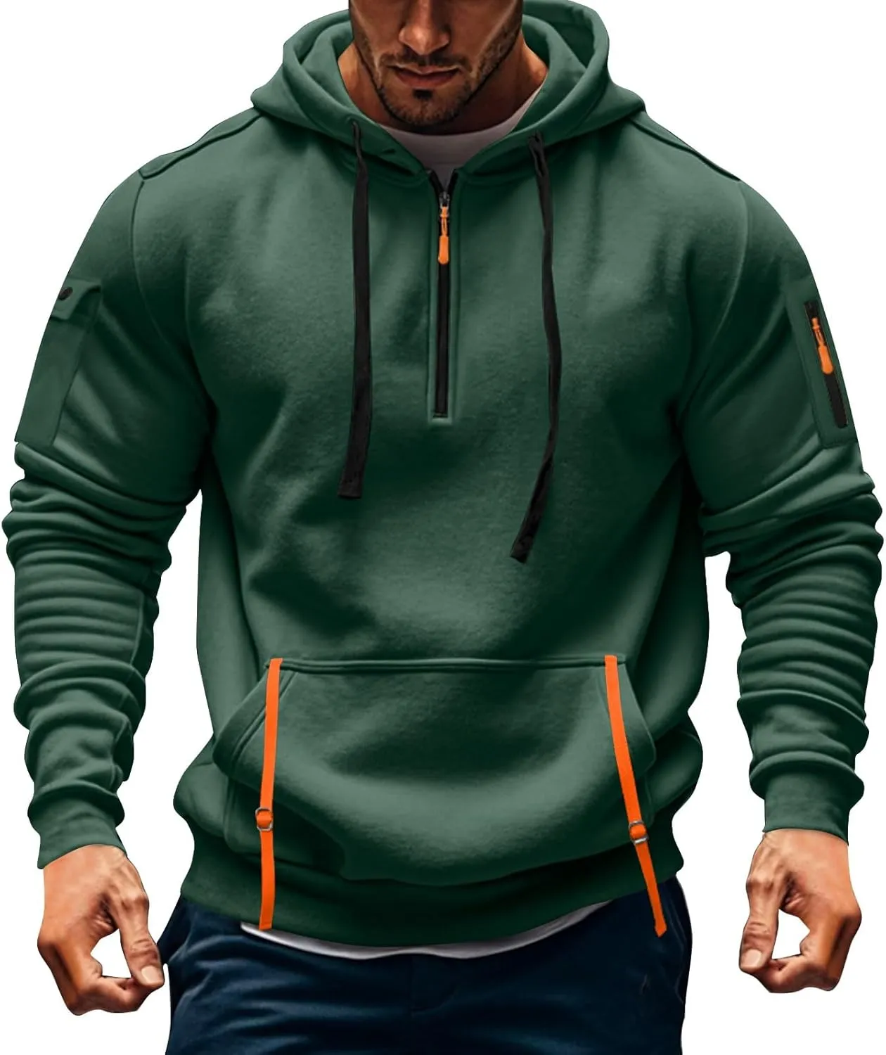 Mens Long Sleeve Quarter Zip Hoodies Print Tactical Pullover Hoodie Oversized Casual Hooded Sweatshirt with Pockets