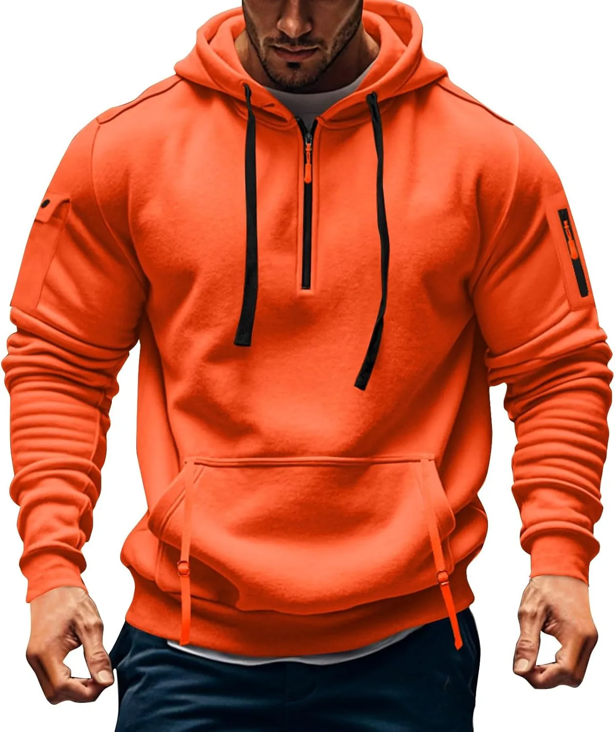 Mens Long Sleeve Quarter Zip Hoodies Print Tactical Pullover Hoodie Oversized Casual Hooded Sweatshirt with Pockets