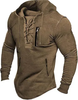 Mens Long Sleeve Tactical Hoodies Sweatshirts Outdoor Military Distressed Retro Lace Up Gym Athletic Hooded Pullover