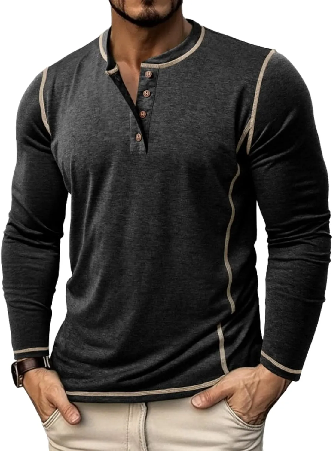 Mens Long Sleeve Tee Shirts Casual Basic Henley Shirts Lightweight Cotton Soft T-Shirts