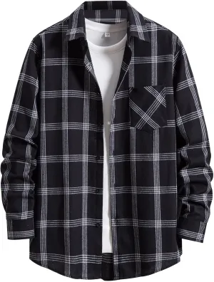 Men's Plaid Flannel Shirt Button Down Long Sleeve Regular-Fit Shacket Jacket Lapel Checked Oxford Gingham Shirts