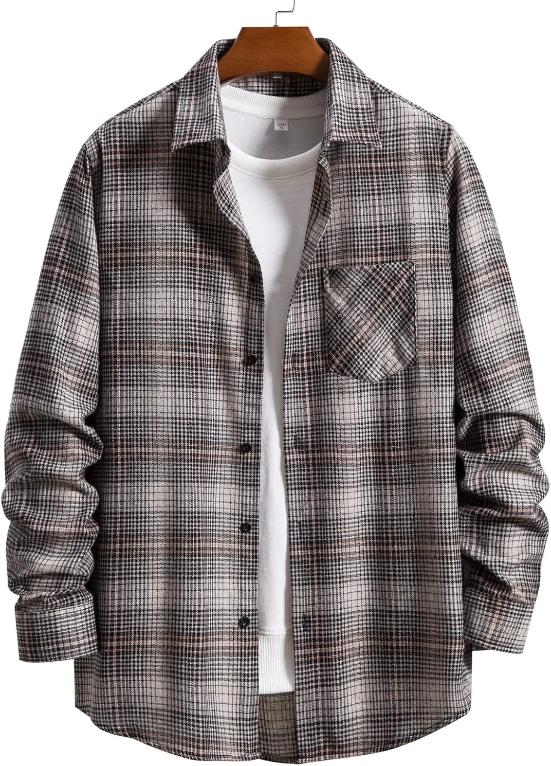 Men's Plaid Flannel Shirt Button Down Long Sleeve Regular-Fit Shacket Jacket Lapel Checked Oxford Gingham Shirts