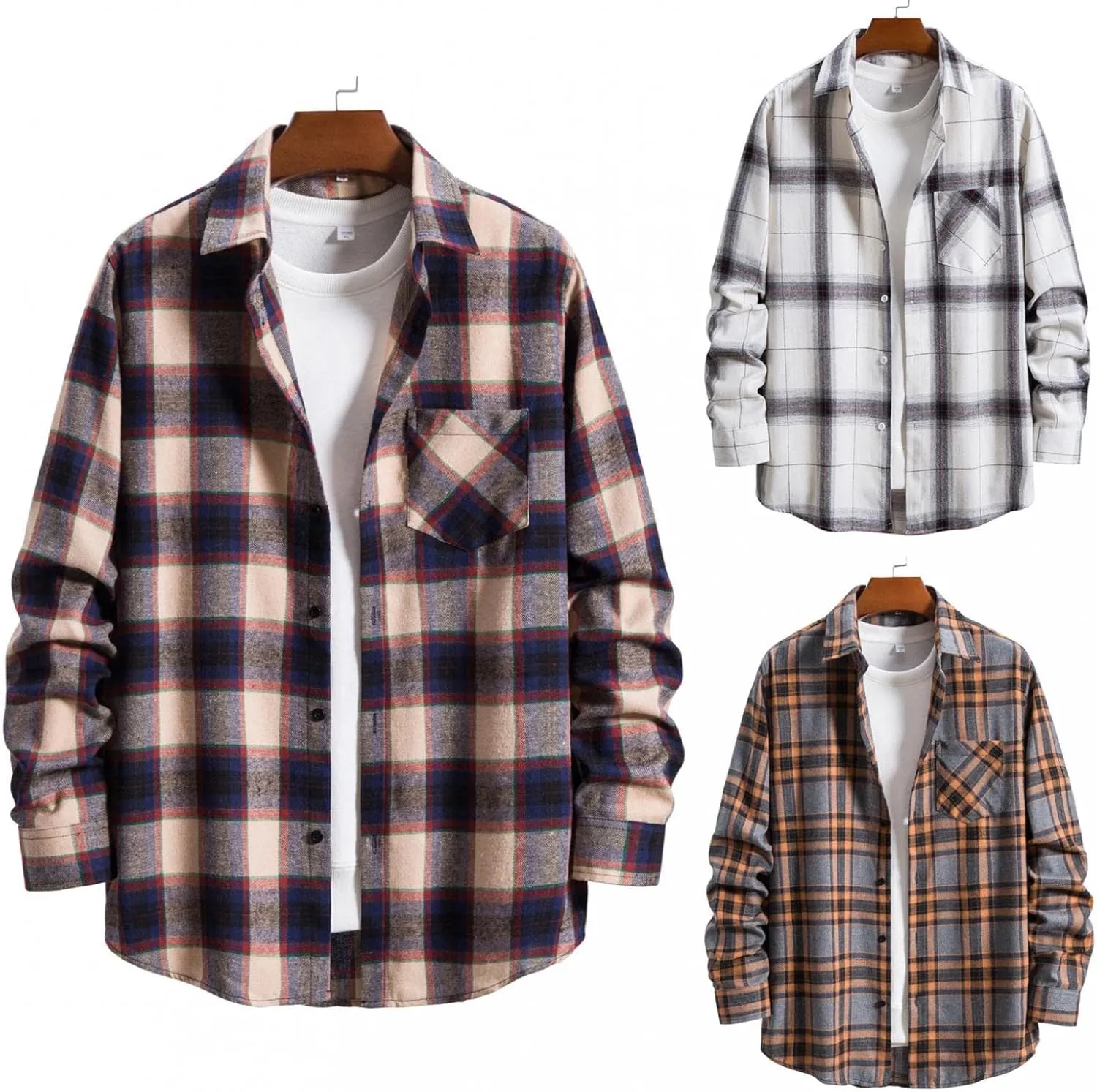 Men's Plaid Flannel Shirt Button Down Long Sleeve Regular-Fit Shacket Jacket Lapel Checked Oxford Gingham Shirts