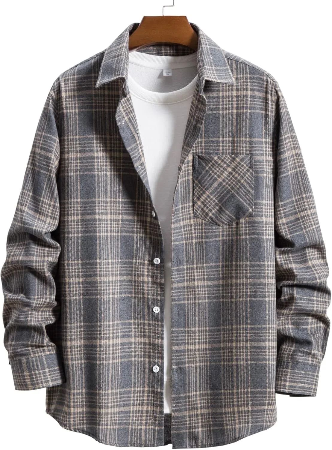 Men's Plaid Flannel Shirt Button Down Long Sleeve Regular-Fit Shacket Jacket Lapel Checked Oxford Gingham Shirts