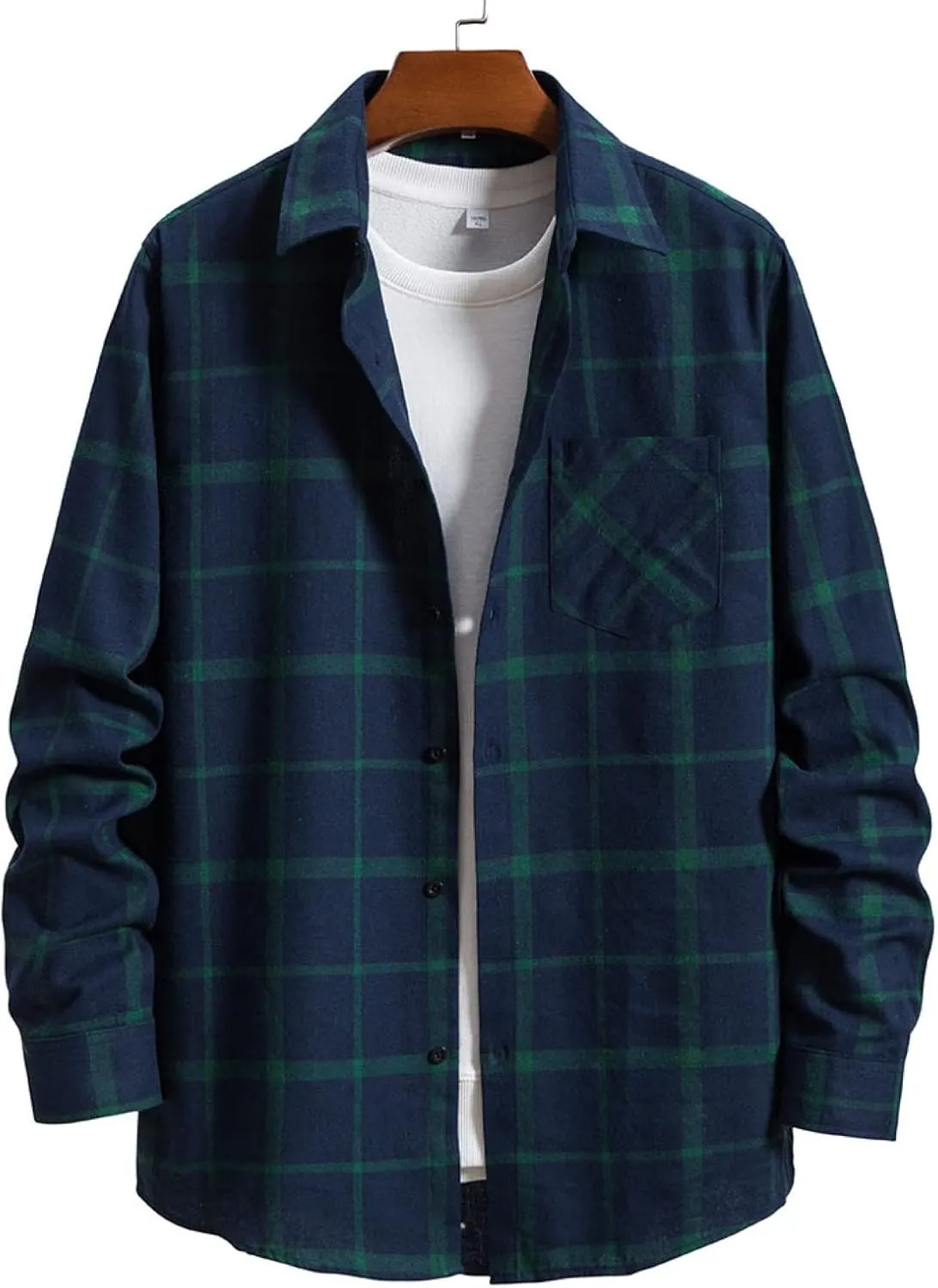 Men's Plaid Flannel Shirt Button Down Long Sleeve Regular-Fit Shacket Jacket Lapel Checked Oxford Gingham Shirts