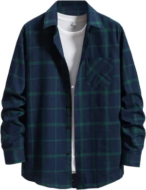Men's Plaid Flannel Shirt Button Down Long Sleeve Regular-Fit Shacket Jacket Lapel Checked Oxford Gingham Shirts