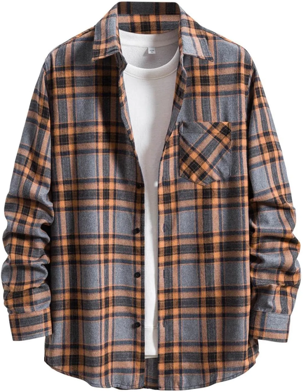 Men's Plaid Flannel Shirt Button Down Long Sleeve Regular-Fit Shacket Jacket Lapel Checked Oxford Gingham Shirts