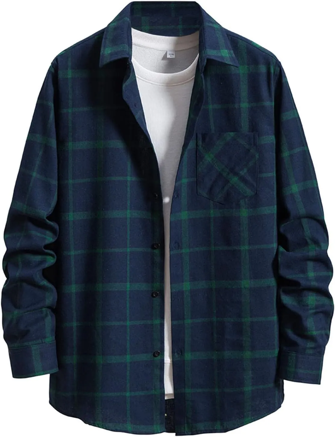 Men's Plaid Flannel Shirt Button Down Long Sleeve Regular-Fit Shacket Jacket Lapel Checked Oxford Gingham Shirts