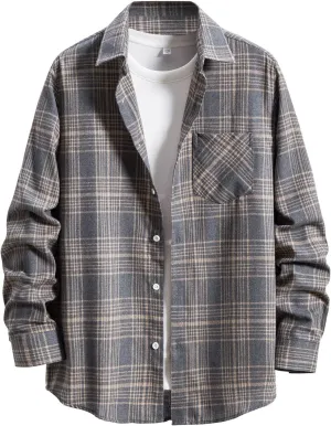 Men's Plaid Flannel Shirt Button Down Long Sleeve Regular-Fit Shacket Jacket Lapel Checked Oxford Gingham Shirts