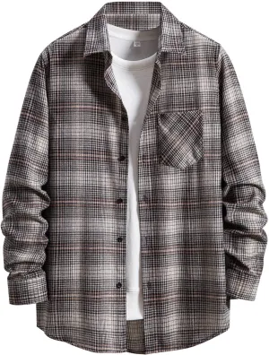 Men's Plaid Flannel Shirt Button Down Long Sleeve Regular-Fit Shacket Jacket Lapel Checked Oxford Gingham Shirts