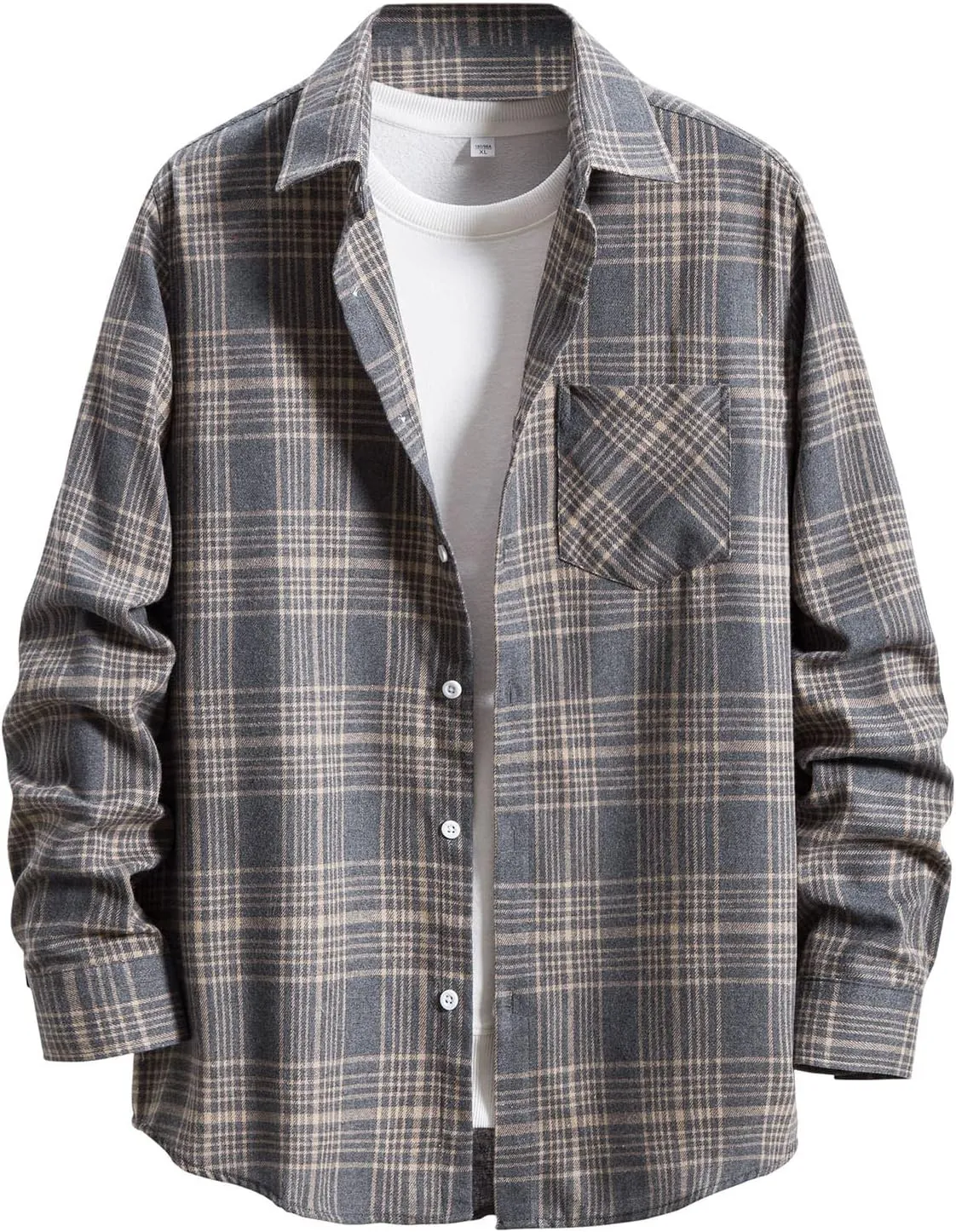 Men's Plaid Flannel Shirt Button Down Long Sleeve Regular-Fit Shacket Jacket Lapel Checked Oxford Gingham Shirts