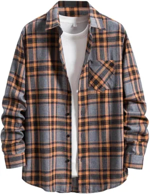 Men's Plaid Flannel Shirt Button Down Long Sleeve Regular-Fit Shacket Jacket Lapel Checked Oxford Gingham Shirts