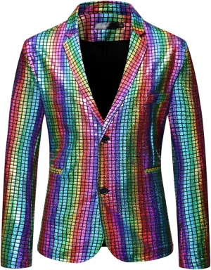 Men's Plaid Party Nightclub Dress Suit Jacket 2 Button Metallic Fashion Blazer Sequin Slim Fit Stylish Sport Coat
