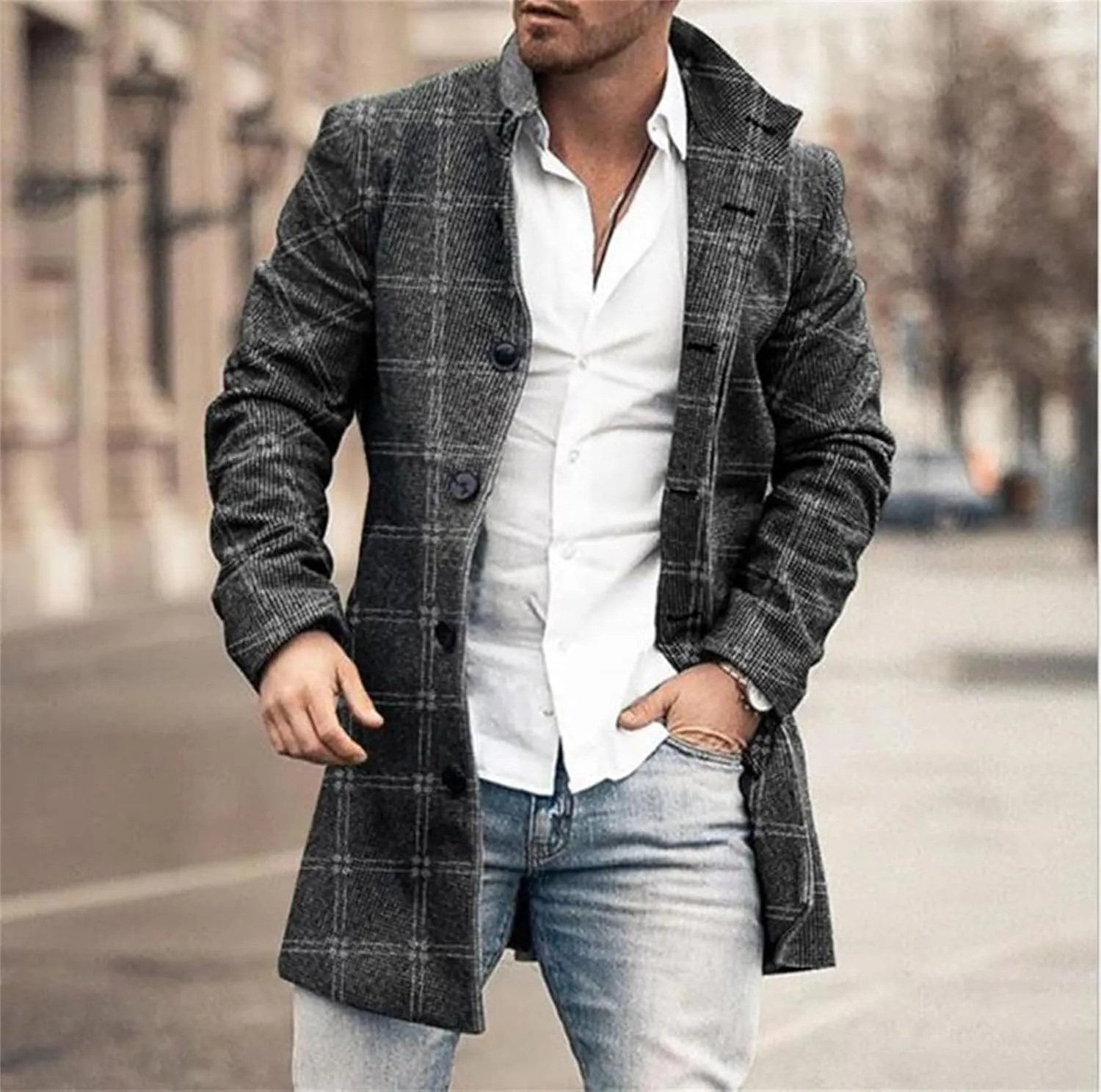 Men's Plaid Trench Coat Lapel Collar Mid Long Jacket Single Breasted Long Overcoat Classic Stylish Business Coat Tops