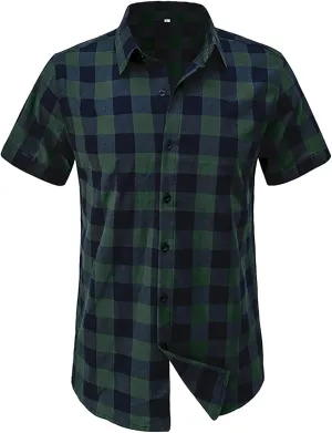 Mens Short Sleeve Plaid T Shirt Vintage Slim Fit Wrinkle-Free Casual Button Down Vacation Work Checked Shirts