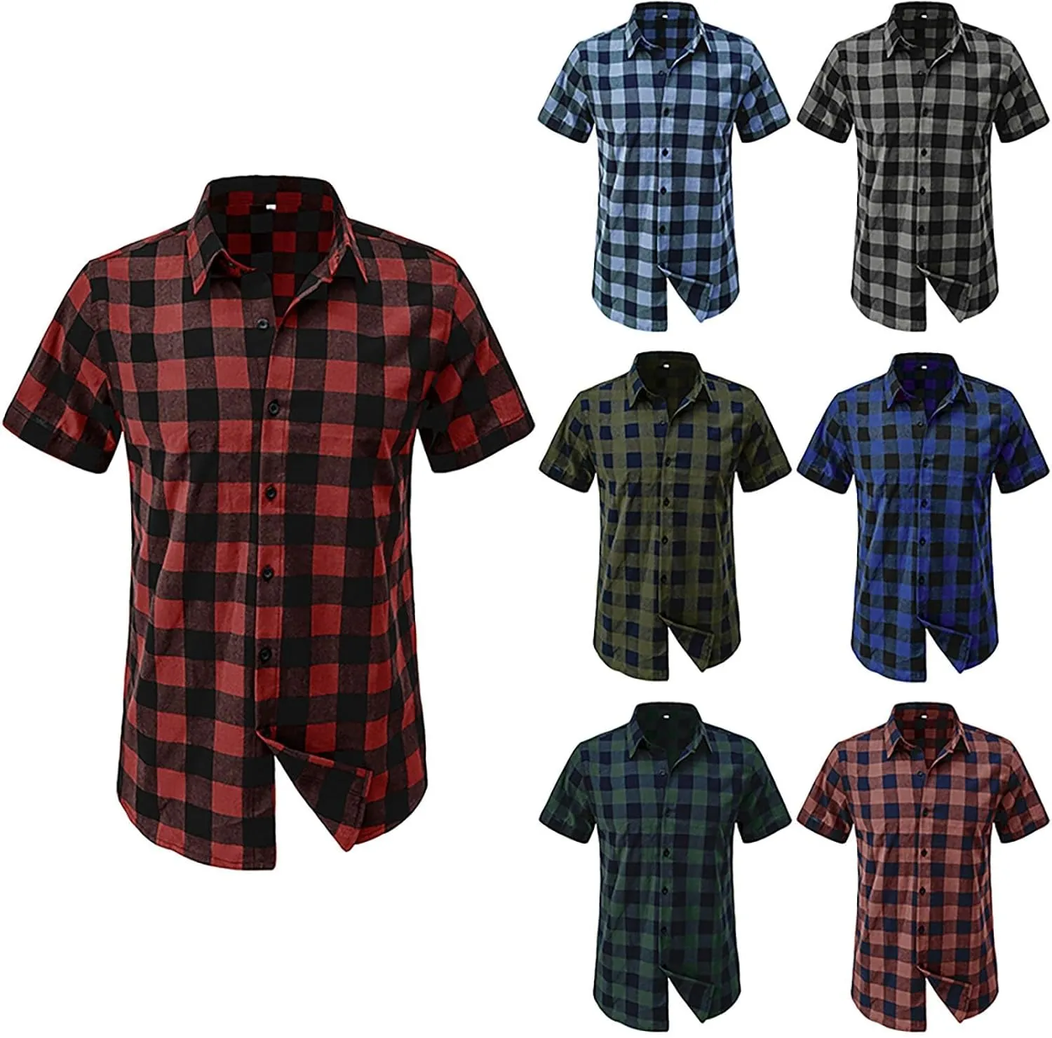 Mens Short Sleeve Plaid T Shirt Vintage Slim Fit Wrinkle-Free Casual Button Down Vacation Work Checked Shirts
