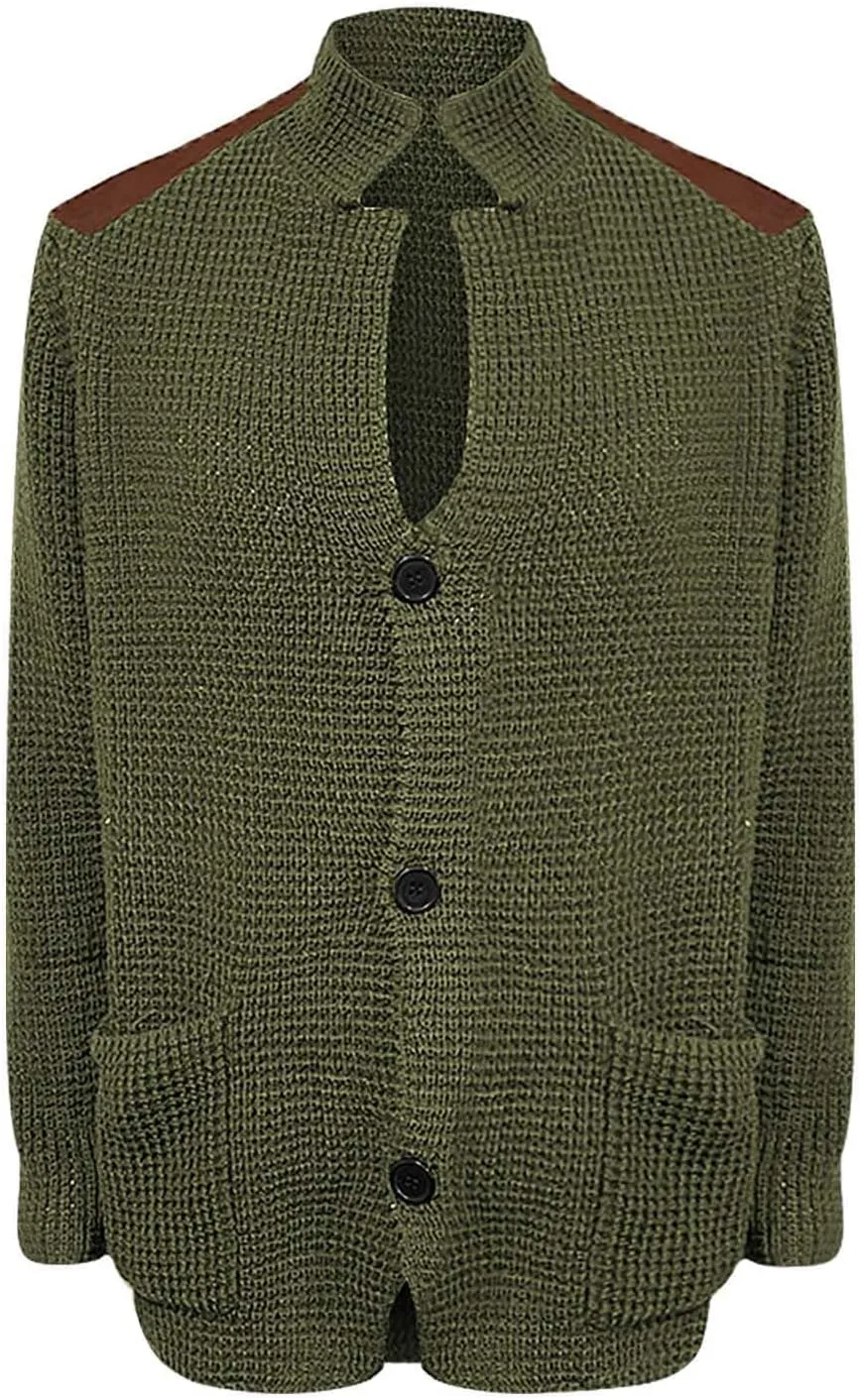 Mens Slim Fit Button Up Patch Cardigan Sweater V Neck Long Sleeve Vintage Cable Knit Cardigan Ribbed Basic Sweater