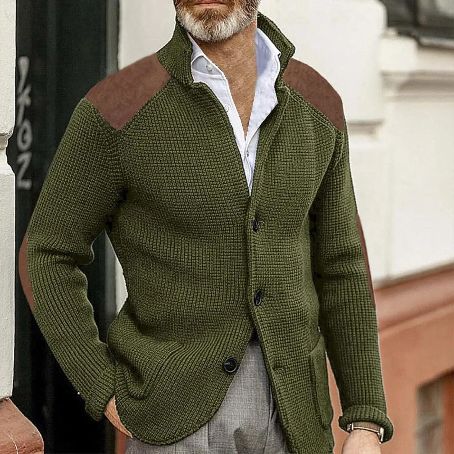 Mens Slim Fit Button Up Patch Cardigan Sweater V Neck Long Sleeve Vintage Cable Knit Cardigan Ribbed Basic Sweater
