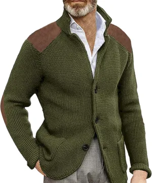 Mens Slim Fit Button Up Patch Cardigan Sweater V Neck Long Sleeve Vintage Cable Knit Cardigan Ribbed Basic Sweater