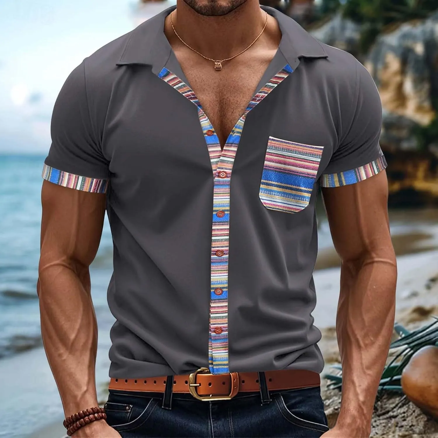 Men's Slim Fit Golf Polo Shirts Classic Short Sleeve Striped Performance Moisture Wicking Quick Dry Button Down