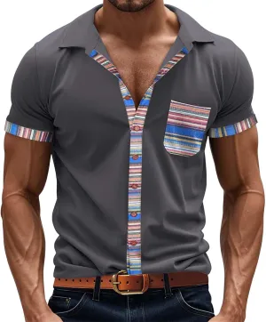 Men's Slim Fit Golf Polo Shirts Classic Short Sleeve Striped Performance Moisture Wicking Quick Dry Button Down