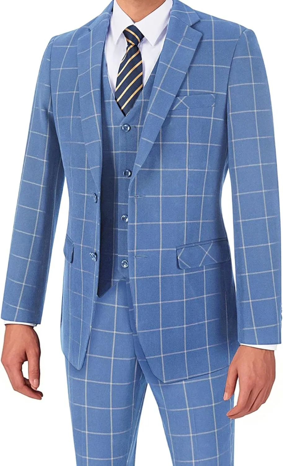 Men's Suit Set 3 Pieces Plaid Slim Fit Suit Formal Bussiness Wedding Suit Casual Prom Tuxedos Blazer Vest Pant