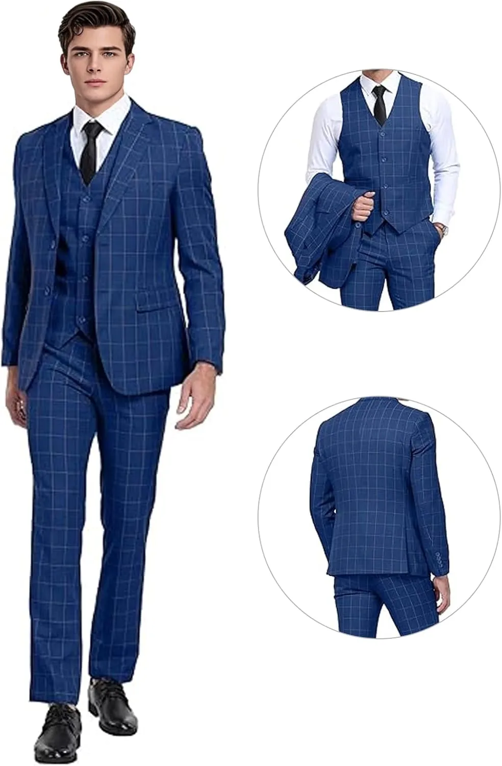Men's Suit Set 3 Pieces Plaid Slim Fit Suit Formal Bussiness Wedding Suit Casual Prom Tuxedos Blazer Vest Pant
