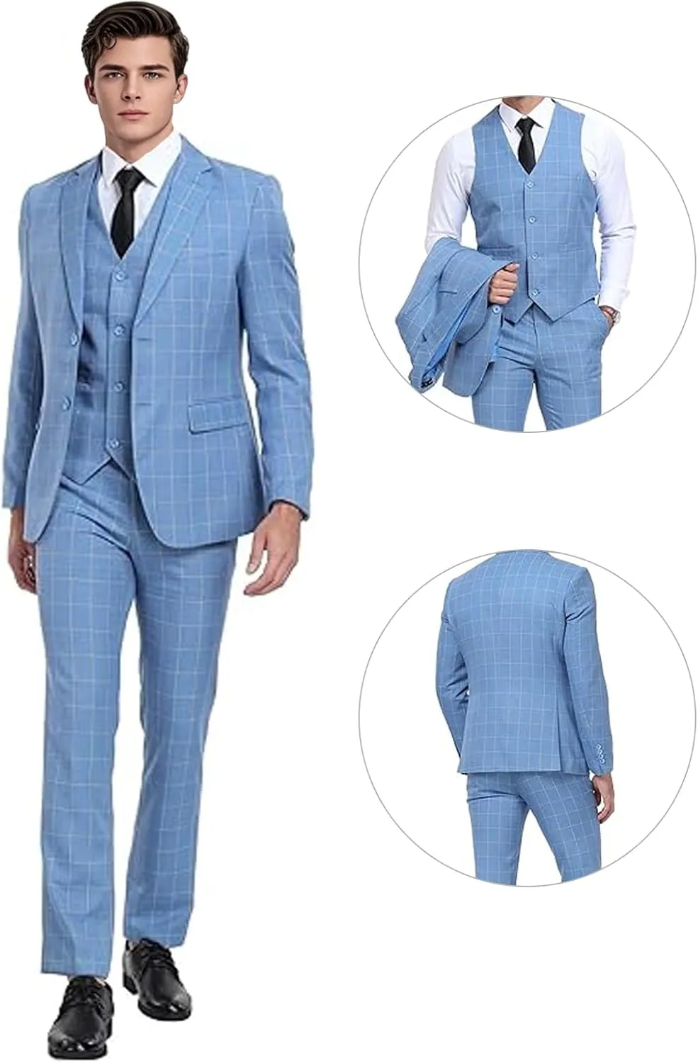 Men's Suit Set 3 Pieces Plaid Slim Fit Suit Formal Bussiness Wedding Suit Casual Prom Tuxedos Blazer Vest Pant