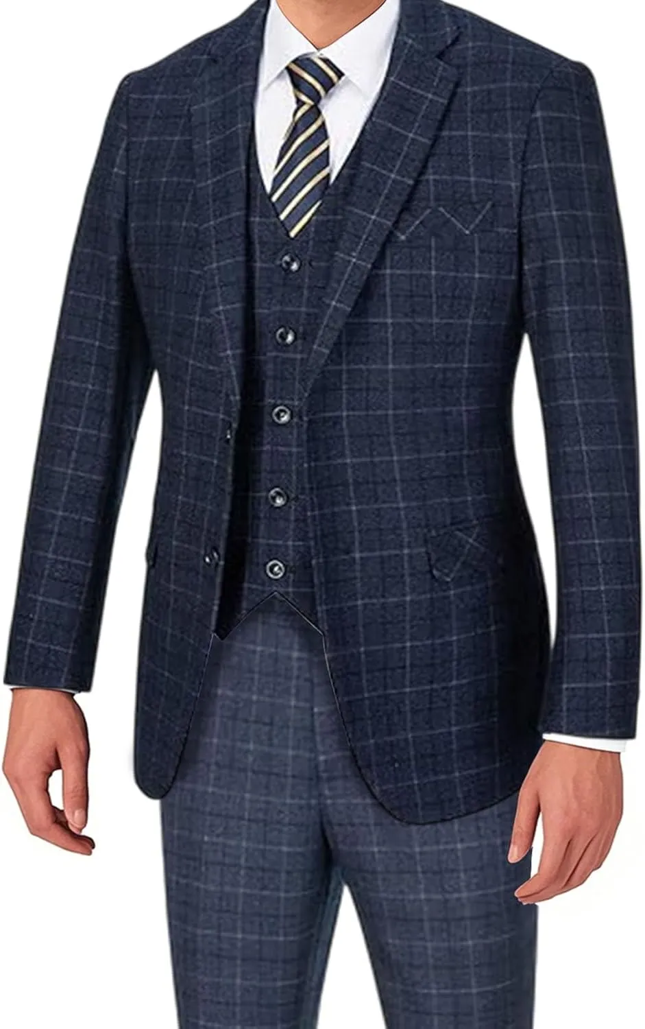 Men's Suit Set 3 Pieces Plaid Slim Fit Suit Formal Bussiness Wedding Suit Casual Prom Tuxedos Blazer Vest Pant